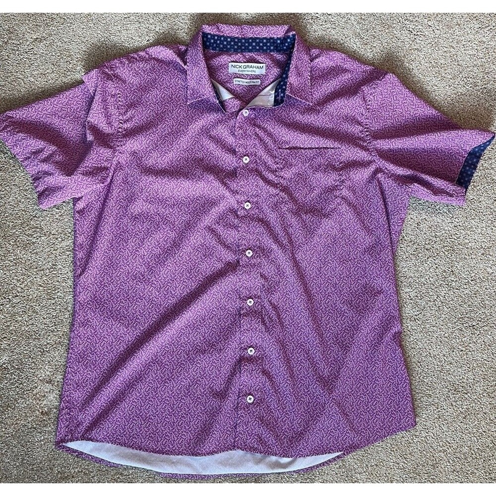 Nick Graham Men XL Purple Geometric Short Sleeve Button Down Shirt Collar Pocket